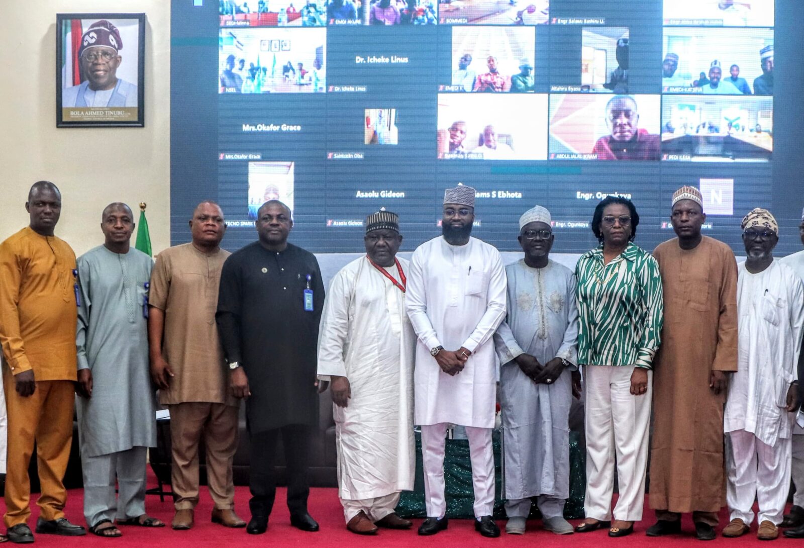 Left to Right: Principal Data Officer, Bureau of Public Service Reforms (BPSR), Mr. Goodluck Ayerota ; Ag. Head, Strategic Communications BPSR, Mr. Aliyu Umar; Principal Admin Officer, BPSR, Mr. Anthony Asemah; SAT Desk Officer, BPSR, Mr. Felix Izenyi; the Director General, BPSR, Mr. Dasuki Ibrahim Arabi; the Executive Vice Chairman/CEO, National Agency for Science and Engineering Infrastructure (NASENI), Mr. Khalil Suleiman Halilu; Director of Finance and Accounts, NASENI, Mr. Jibrin Rajab Haske; Coordinating Director,. Planning and Business Development, NASENI, Mrs. Nonyem Onyechi and Coordinating Director, Science Infrastructure, NASENI, Prof. Umar Ibrahim Gaya during the opening ceremony of the mandatory deployment of self assessment tools (SAT) at the NASENI Headquarters, Abuja on Monday, 12th February, 2024.