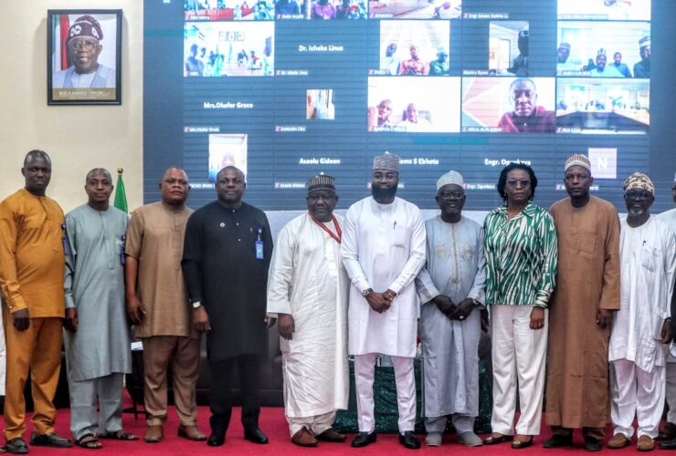 Left to Right: Principal Data Officer, Bureau of Public Service Reforms (BPSR), Mr. Goodluck Ayerota ; Ag. Head, Strategic Communications BPSR, Mr. Aliyu Umar; Principal Admin Officer, BPSR, Mr. Anthony Asemah; SAT Desk Officer, BPSR, Mr. Felix Izenyi; the Director General, BPSR, Mr. Dasuki Ibrahim Arabi; the Executive Vice Chairman/CEO, National Agency for Science and Engineering Infrastructure (NASENI), Mr. Khalil Suleiman Halilu; Director of Finance and Accounts, NASENI, Mr. Jibrin Rajab Haske; Coordinating Director,. Planning and Business Development, NASENI, Mrs. Nonyem Onyechi and Coordinating Director, Science Infrastructure, NASENI, Prof. Umar Ibrahim Gaya during the opening ceremony of the mandatory deployment of self assessment tools (SAT) at the NASENI Headquarters, Abuja on Monday, 12th February, 2024.