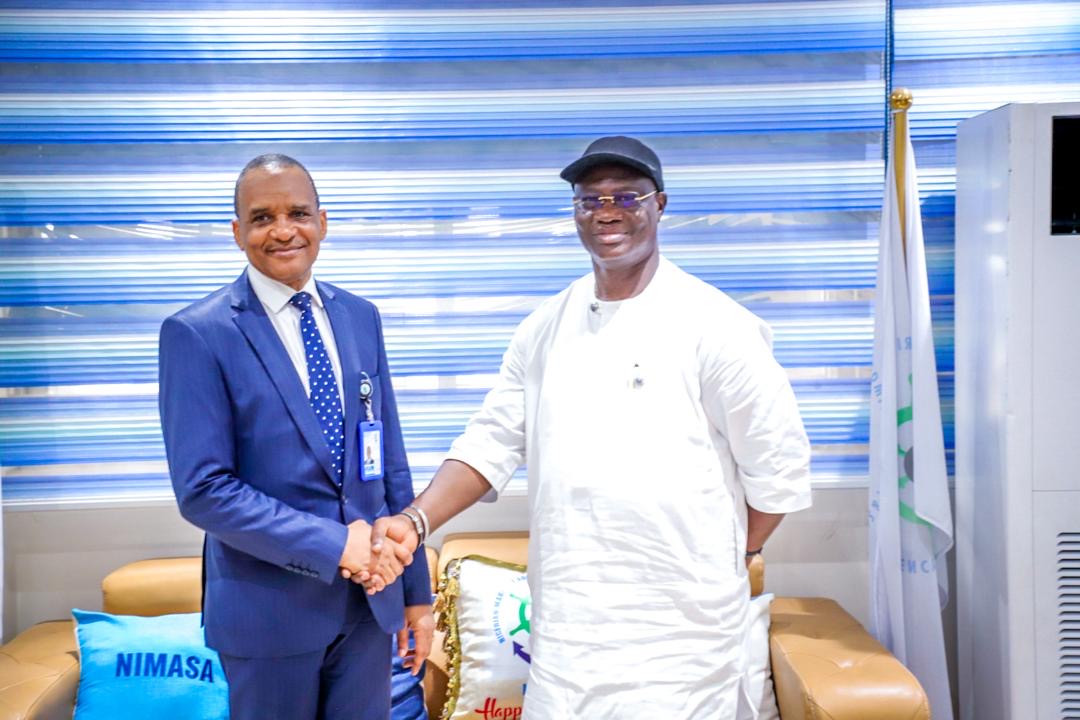 Director General, Nigerian Maritime Administration and Safety Agency, NIMASA, Dr. Bashir Jamoh, OFR (left) with the President General, Maritime Workers' Union of Nigeria, MWUN, Comrade Adewale Adeyanju during a courtesy visit by National Officers of MWUN to the NIMASA headquarters in Lagos.