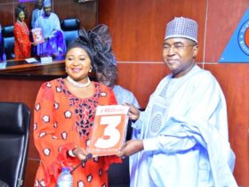 Chairman/Chief Executive Officer of the National Drug Law Enforcement Agency, NDLEA, Brig. Gen. Mohamed Buba Marwa (Retd) presenting a copy of NDLEA Copy to Representative of the First Lady, Senator Oluremi Tinubu, Mrs. Elizabeth Egbetokun, wife of Inspector General of Police at the opening ceremony of a two-day Drug Prevention Treatment and Care, DPTC, training organised by NDLEA for wives of state governors in Abuja on Monday 12th February 2024.