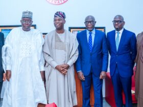 R-L: Dr. Aminu Mukhtar Dan’amu, Executive Director, Asset Management Corporation of Nigeria (AMCON); Mr Adeshola Lamidi, Executive Director AMCON; Mr Gbenga Alade, Managing Director/Chief Executive Officer AMCON; Senator Tokunbo Abiru, Chairman, Senate Committee on Banking, Insurance, and other Financial Institutions; Senator Abdullahi Gumel, Senior Special Assistant to the President on National Assembly Matters, Senate and Mr Lucky Adaghe, Executive Director AMCON after the screening recently at the National Assembly, R-L: Dr. Aminu Mukhtar Dan’amu, Executive Director, Asset Management Corporation of Nigeria (AMCON); Mr Adeshola Lamidi, Executive Director AMCON; Mr Gbenga Alade, Managing Director/Chief Executive Officer AMCON; Senator Tokunbo Abiru, Chairman, Senate Committee on Banking, Insurance, and other Financial Institutions; Senator Abdullahi Gumel, Senior Special Assistant to the President on National Assembly Matters, Senate and Mr Lucky Adaghe, Executive Director AMCON after the screening recently at the National Assembly, Abuja