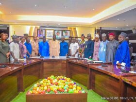 The Minister of State for Agriculture and Food Security, Sen Dr Aliyu Sabi Abdullahi (Centre) and  Committee Members during the inauguration.