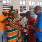 Prof. Iyorwuese Hagher shaking hands with members of the President Bola Tinubu Unity Sports Tournament Committee during their inauguration in Akwanga, Nasarawa State on Monday