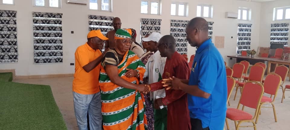 Prof. Iyorwuese Hagher shaking hands with members of the President Bola Tinubu Unity Sports Tournament Committee during their inauguration in Akwanga, Nasarawa State on Monday