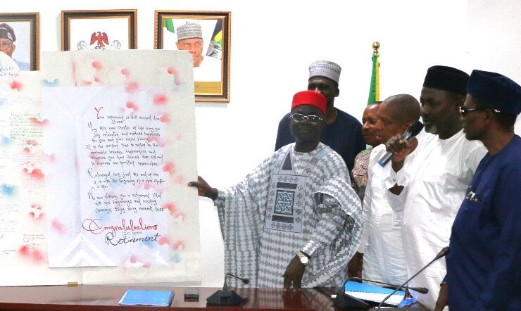 L-R: Director of Police Services Department, Ibrahim Muhammed; Retired Permanent Secretary, Mr. James Sule; Director of Finance and Accounts, Okehie Isaac Tochukwu; Director, Overseeing Perm Sec Office, Yusuf Abubakar Argungu; Director, Reforms and Innovation Coordination, Dr. Ogbu Fabian Ejiofor; Director of Police Inspectorate Department, Mrs. Bola Blessing Aderele; Head, Information & Public Relations, Bolaji O. Kazeem and Deputy Director, Human Resources Management, Amos James, during the send-forth ceremony organized by the ministry for the retired Permanent Secretary in Abuja.