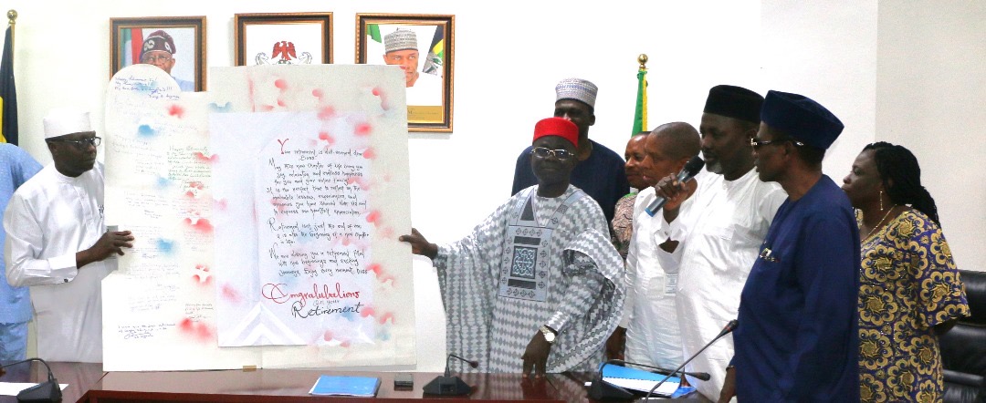 L-R: Director of Police Services Department, Ibrahim Muhammed; Retired Permanent Secretary, Mr. James Sule; Director of Finance and Accounts, Okehie Isaac Tochukwu; Director, Overseeing Perm Sec Office, Yusuf Abubakar Argungu; Director, Reforms and Innovation Coordination, Dr. Ogbu Fabian Ejiofor; Director of Police Inspectorate Department, Mrs. Bola Blessing Aderele; Head, Information & Public Relations, Bolaji O. Kazeem and Deputy Director, Human Resources Management, Amos James, during the send-forth ceremony organized by the ministry for the retired Permanent Secretary in Abuja.