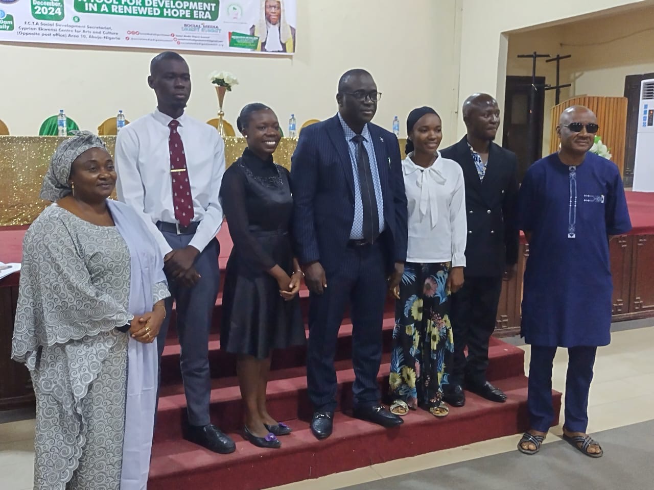 From.Left: The Director of Tourism Development in FCTA, Mrs Ann Dogo; Joshua Inioluwa, a Medicine and Surgery Student from University of Ibadan; Deborah Ikiriko, a Law Graduate from Rivers State University; Chief Sebastian Hon, SAN; Leah Akanga from Niger State, Mr Jacob Wuese, Convener of Social Media Digest Summit (SMDS) and Mr Musa Lai from Youth Development Secretariat in FCTA at the SMDS event on Thursday in Abuja.