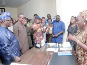 Pix shows the new rector, Mrs Eduma Essien, addressing the management staff after a brief hand over ceremony in her office.