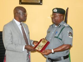 Customs Controller, Oyo/Osun Area Command, Joseph Adelaja, and the DSS State Director, Mr. Rasheed Adelakun, at the DSS state headquarters in Ibadan, Oyo State.