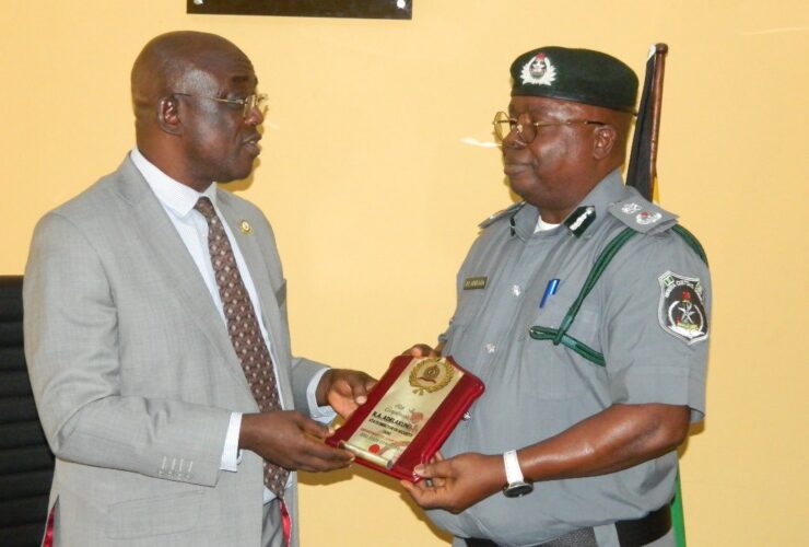 Customs Controller, Oyo/Osun Area Command, Joseph Adelaja, and the DSS State Director, Mr. Rasheed Adelakun, at the DSS state headquarters in Ibadan, Oyo State.