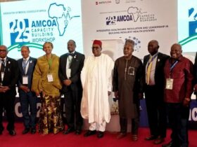Members of AMCOA; the Registrar of MDCN, Dr Fatima Kyari; the Board Chairperson of MDCN, Prof Afolabi Lesi; the Coordinating Minister of Health and Social Welfare, Prof Muhammad Pate; the Minister of State of Humanitarian Affairs and Poverty Reduction, Dr Yusuf Sununu; and other AMCOA members.