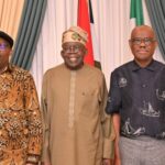 R-L: Suspended Rivers State Governor, Siminalayi Fubara, President Bola Tinubu and FCT Minister, Nyesom Wike shortly after the peace talk at the presidential villa Abuja