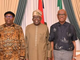 R-L: Suspended Rivers State Governor, Siminalayi Fubara, President Bola Tinubu and FCT Minister, Nyesom Wike shortly after the peace talk at the presidential villa Abuja