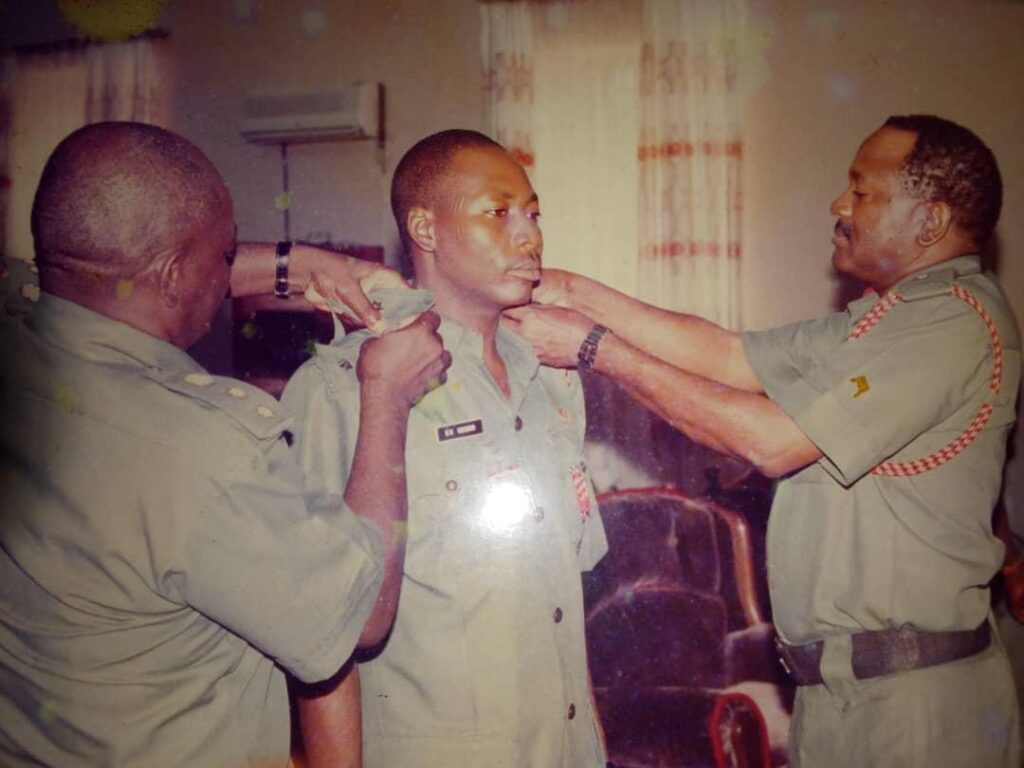 Colonel M Mana (right) and Colonel JOA Ajayi decorating me with my new badges of rank in 1996 at Depot Nigerian Army Officers Mess, Chindit Barracks, Zaria.