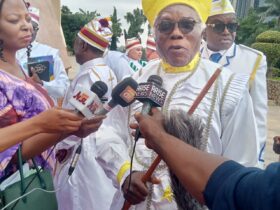 His Most Eminence, Baba-Aladura, Elder ( Dr.) David Dabaye Lamjose Bob-Manuel , Moses Orimolade IX being interviewed at National Ecumenical Centre Abuja.