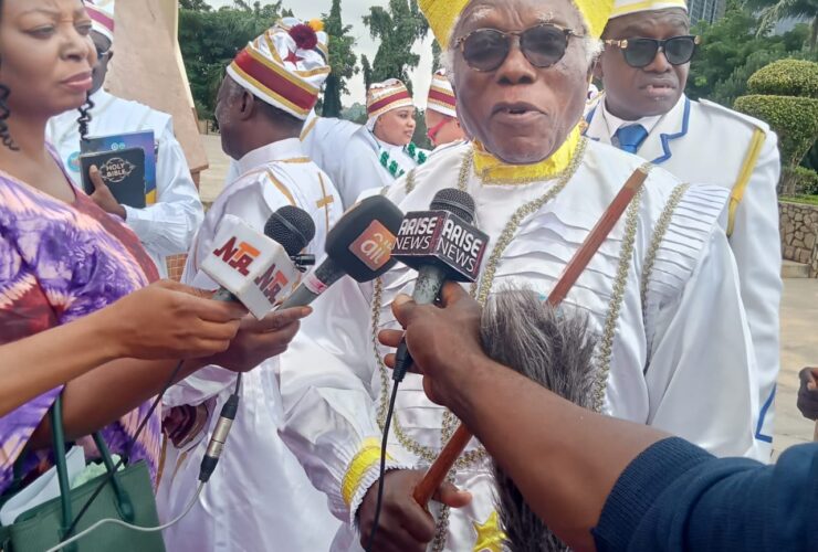 His Most Eminence, Baba-Aladura, Elder ( Dr.) David Dabaye Lamjose Bob-Manuel , Moses Orimolade IX being interviewed at National Ecumenical Centre Abuja.