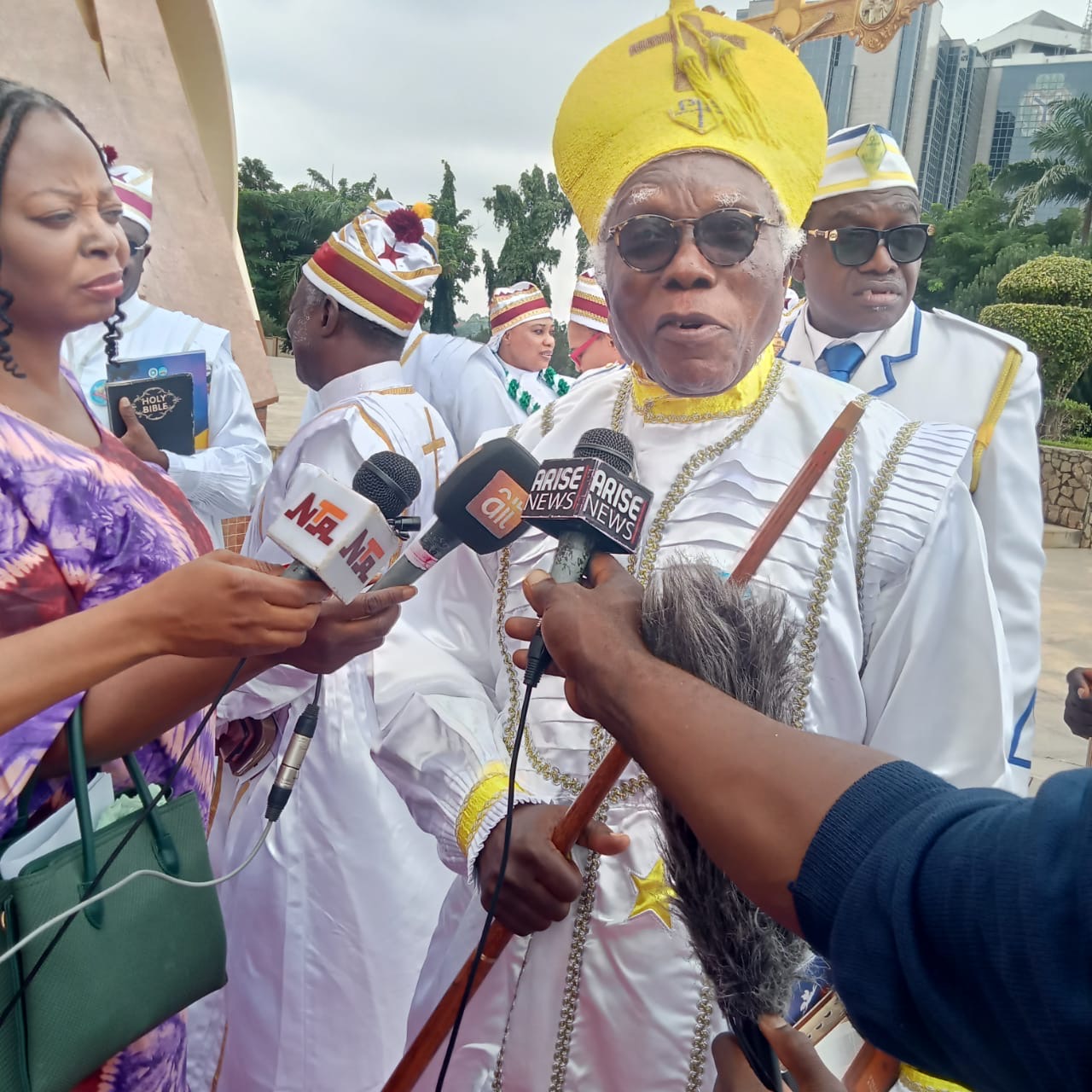 His Most Eminence, Baba-Aladura, Elder ( Dr.) David Dabaye Lamjose Bob-Manuel , Moses Orimolade IX being interviewed at National Ecumenical Centre Abuja.