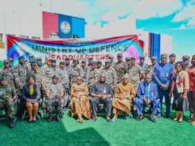 Group picture of Namibian Commandant Staff College Delegate with Minister of Defence representative Mrs Bosede Olaniyi.