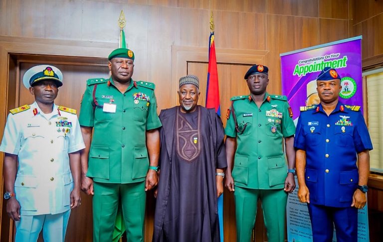 Minister of Defence Badaru Abubakar middle with new service chiefs