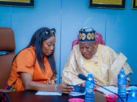 Seated From The Left Is The Pioneer Female Managing Director/ Chief Executive of FAAN , Mrs. Olubunmi Oluwaseun Kuku, while on The Right Is His Excellency, Abdullahi Umar Ganduje PhD, The Chairman, Governing Board of FAAN.