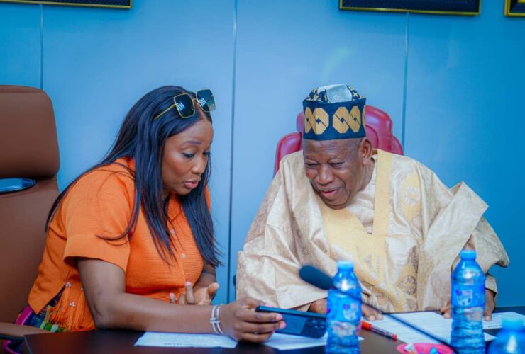 Seated From The Left Is The Pioneer Female Managing Director/ Chief Executive of FAAN , Mrs. Olubunmi Oluwaseun Kuku, while on The Right Is His Excellency, Abdullahi Umar Ganduje PhD, The Chairman, Governing Board of FAAN.