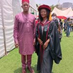 One of the graduates that earned Doctor of Philosophy, Mrs Ifeoma Kate Utalor posed with her father Dr. Azuka Benard the Registrar National Mathematical Central Abuja.