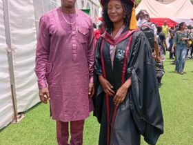 One of the graduates that earned Doctor of Philosophy, Mrs Ifeoma Kate Utalor posed with her father Dr. Azuka Benard the Registrar National Mathematical Central Abuja.