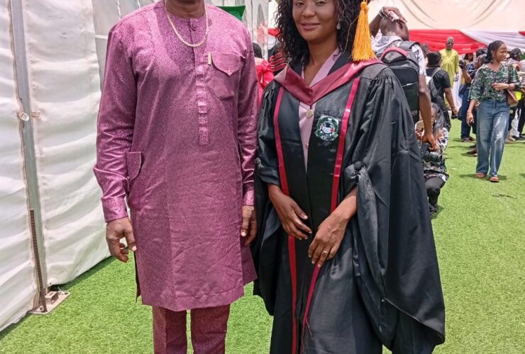 One of the graduates that earned Doctor of Philosophy, Mrs Ifeoma Kate Utalor posed with her father Dr. Azuka Benard the Registrar National Mathematical Central Abuja.